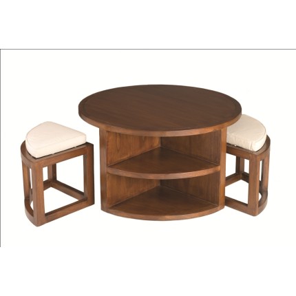 Table basse ronde LAUREN - Bois Mindi - 2 tabourets