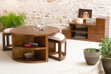 Table basse ronde LAUREN - Bois Mindi - 2 tabourets