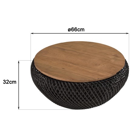 Table basse ronde SIXTINE en rotin noir 65x65cm