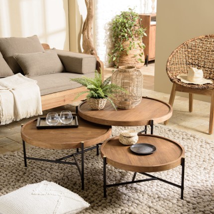 SIXTINE Set of 3 Round Tripod Coffee Tables - Recycled Teak & Steel
