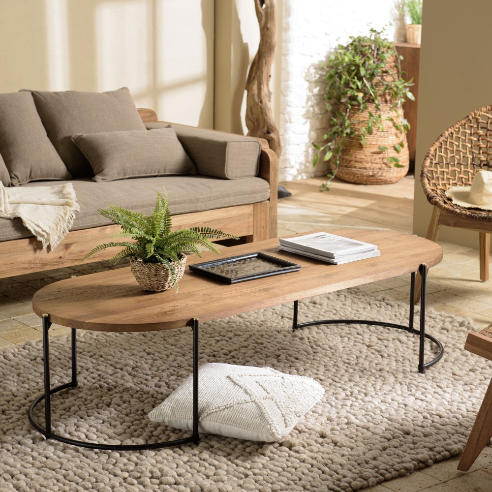SIXTINE Oval Coffee Table 163x63cm - Recycled Teak Wood Top SIXTINE Oval Coffee Table 163x63cm - Recycled Teak Wood Top