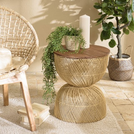 Table d'appoint SIXTINE en rotin beige et bois teck recyclé