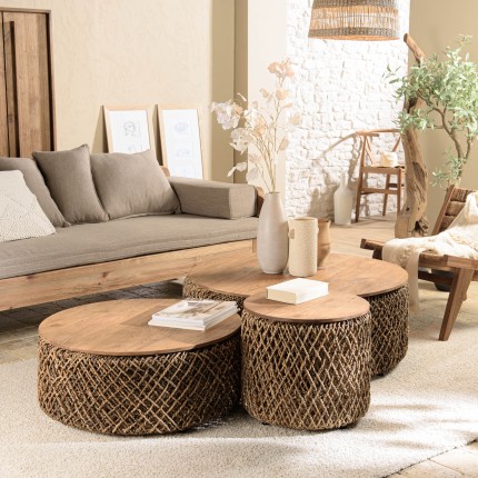 Set de 3 tables basses rondes en tissage de cocotier