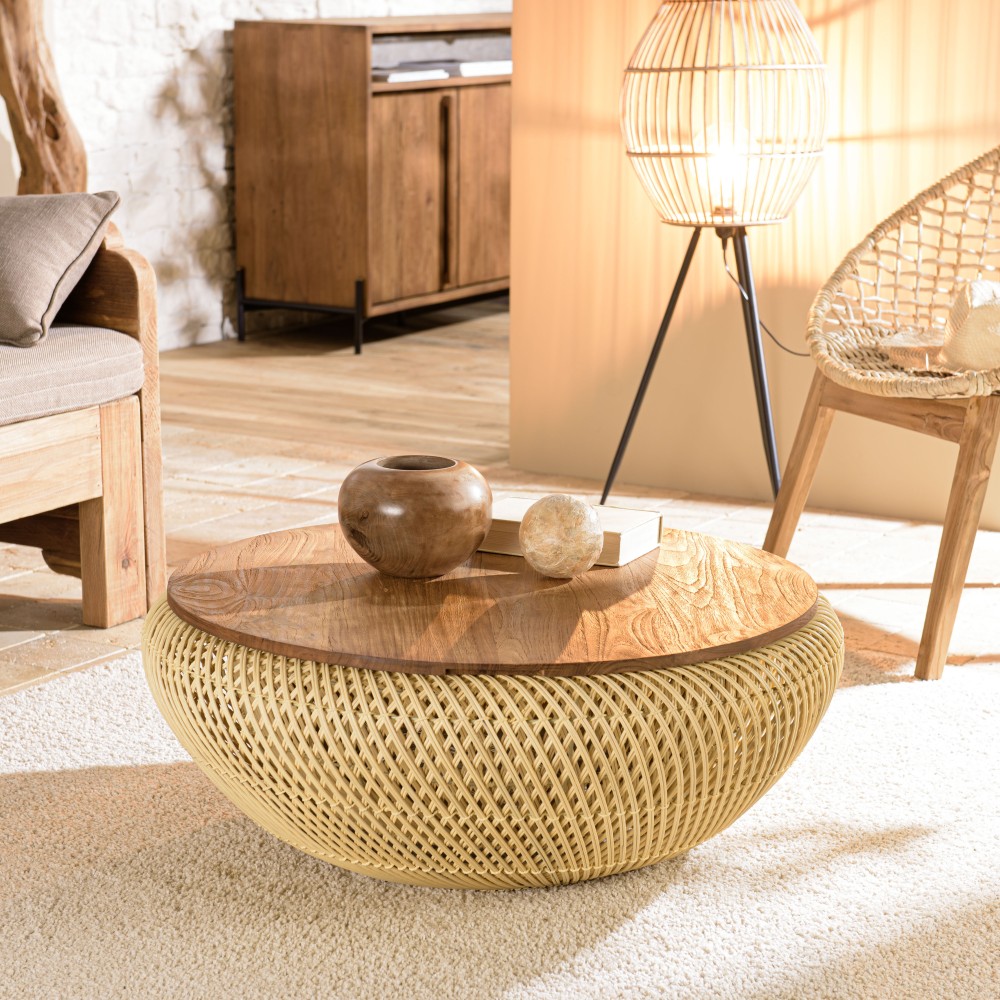 SIXTINE Round Coffee Table 80x80cm in Beige Rattan