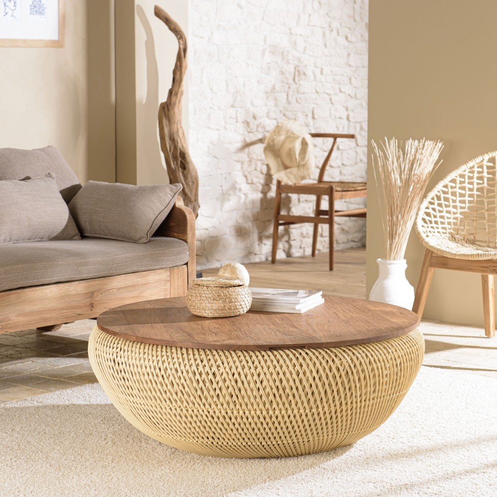 Table basse ronde SIXTINE en rotin beige - 100x100cm Table basse ronde SIXTINE en rotin beige - 100x100cm