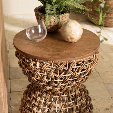 SIXTINE Beige Stool with Recycled Teak Wood Seat