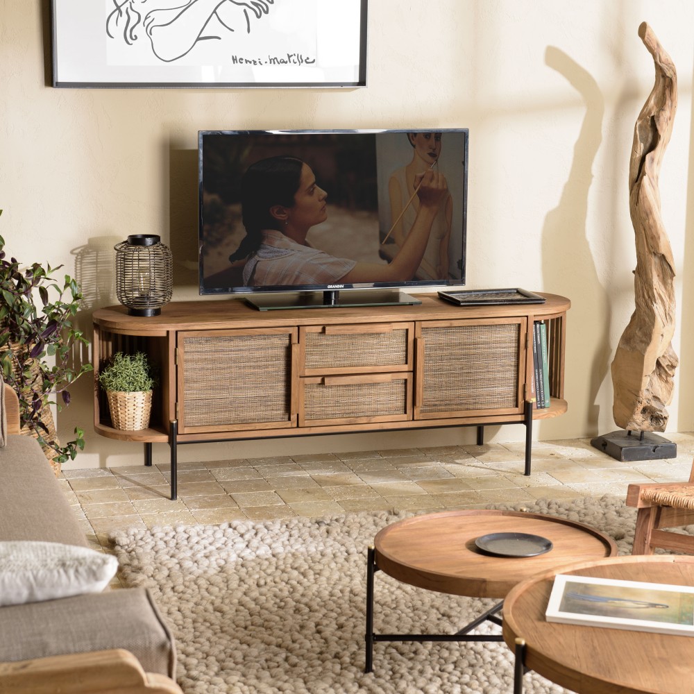 SIXTINE Rounded TV Stand in Recycled Teak Wood - 2 Doors, 2 Drawers SIXTINE Rounded TV Stand in Recycled Teak Wood - 2 Doors, 2 Drawers