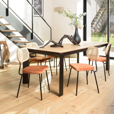 AGATHE Set of 2 Black Metal Chairs with Amber Orange Velvet Seats