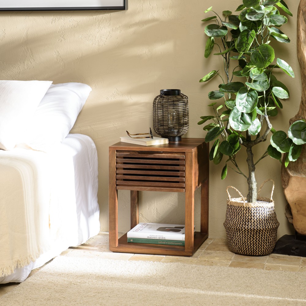 ALIX Mango Wood Bedside Table with 1 Open Drawer ALIX Mango Wood Bedside Table with 1 Open Drawer