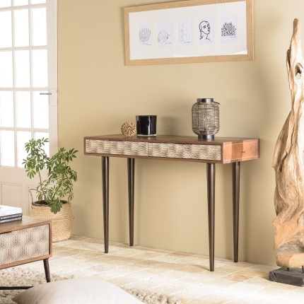 Console en bois de manguier ALIX - 2 tiroirs motifs ethniques dorés