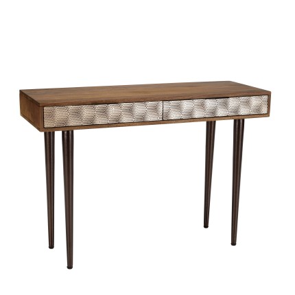 Console en bois de manguier ALIX - 2 tiroirs motifs ethniques dorés