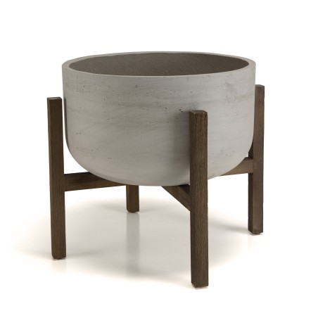 HECTOR Round Concrete Flower Pot on Brown Acacia Legs