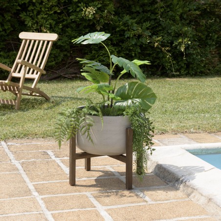 HECTOR Round Concrete Flower Pot on Brown Acacia Legs