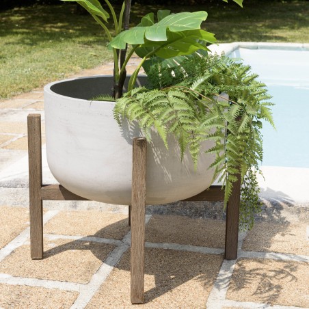 HECTOR Round Concrete Flower Pot on Brown Acacia Legs