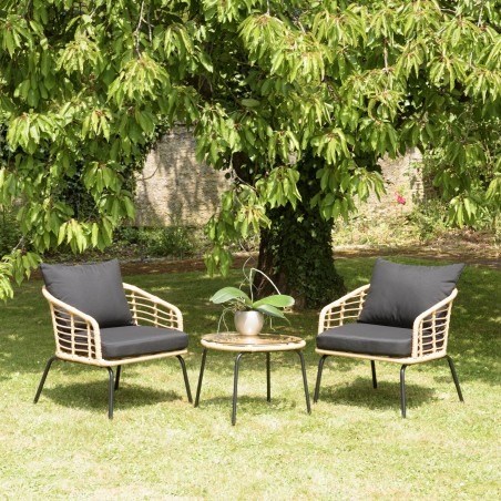 MALO - Set of 2 Synthetic Rattan Armchairs and Round Coffee Table