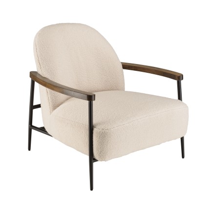 Fauteuil avec accoudoirs en bois en tissu bouclette écru - GASTON