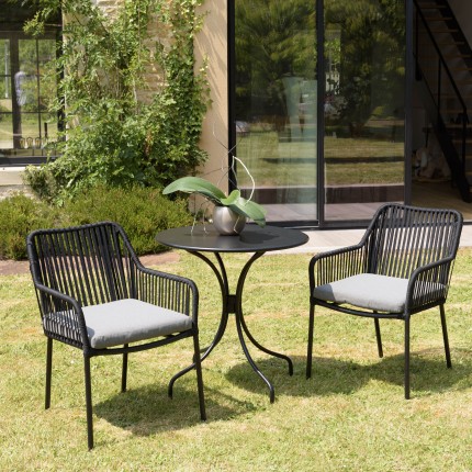 Salon de jardin MALO 2 pers. - Table ronde 70x70cm et 2 fauteuils gris et noirs