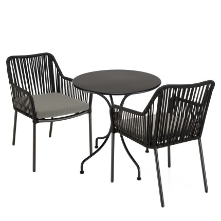 Salon de jardin MALO 2 pers. - Table ronde 70x70cm et 2 fauteuils gris et noirs