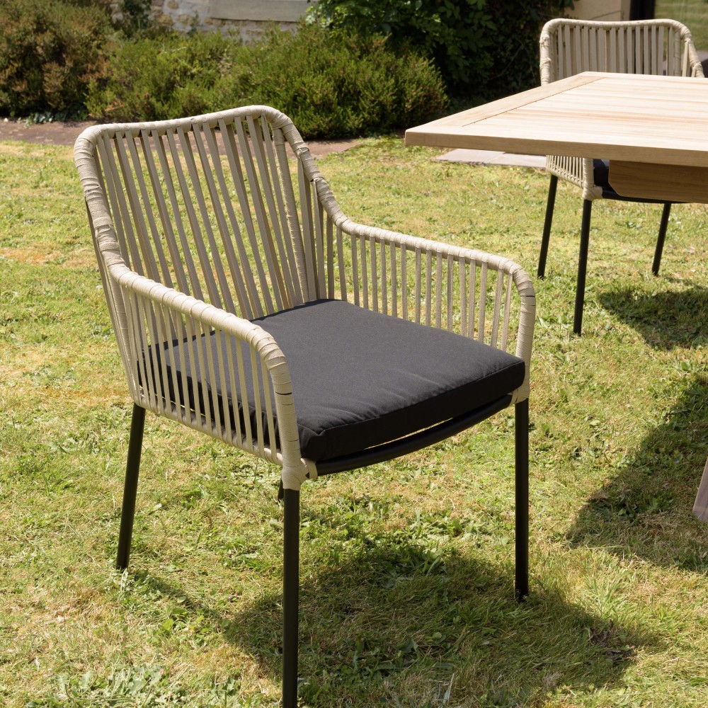 MALO - Set of 2 Natural-Coloured Rope Armchairs with Black Seat Cushions MALO - Set of 2 Natural-Coloured Rope Armchairs with Black Seat Cushions