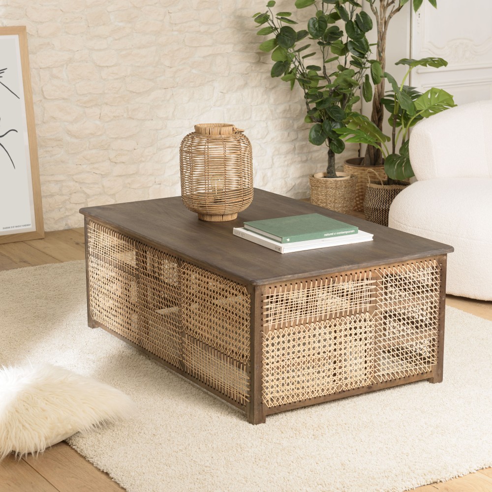 ISA Dark Mango Wood Coffee Table with Natural Cane Patchwork ISA Dark Mango Wood Coffee Table with Natural Cane Patchwork