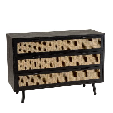 Commode noire 3 tiroirs cannage naturel ANGELO