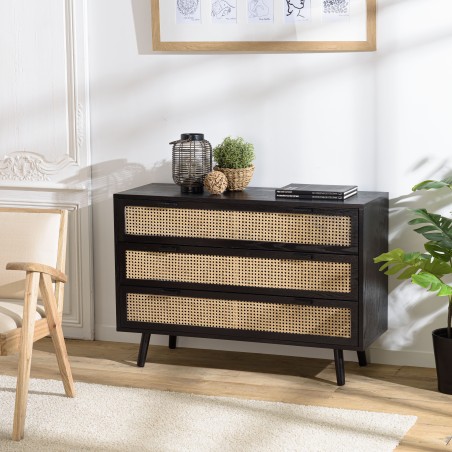 ANGELO Black Chest of Drawers with Natural Cane Finish