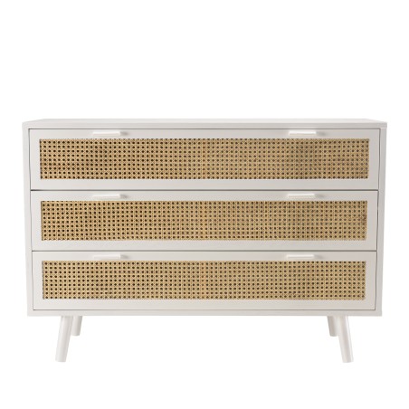 SMANDY White Chest of Drawers with 3 Drawers and Natural Cane Detailing