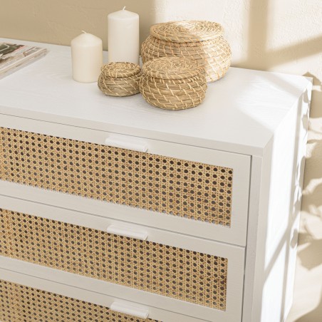 SMANDY White Chest of Drawers with 3 Drawers and Natural Cane Detailing