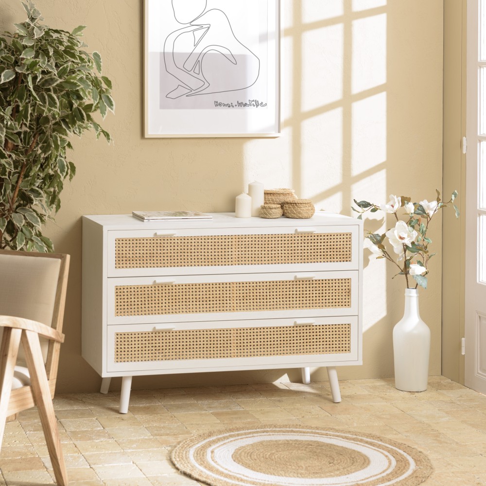 SMANDY White Chest of Drawers with 3 Drawers and Natural Cane Detailing SMANDY White Chest of Drawers with 3 Drawers and Natural Cane Detailing