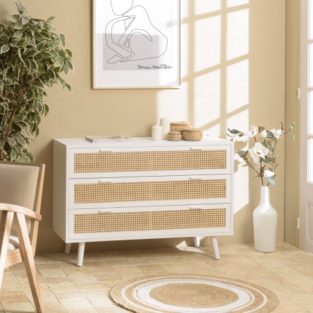 SMANDY White Chest of Drawers with 3 Drawers and Natural Cane Detailing