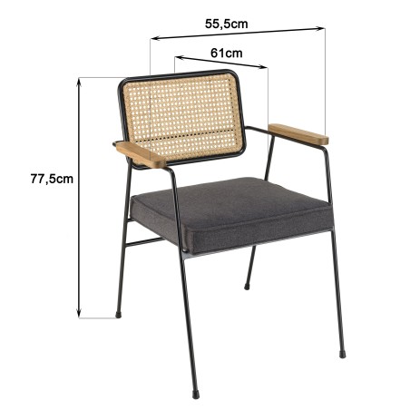 Fauteuil AGATHE - Métal noir, assise tissu gris foncé, dossier rotin