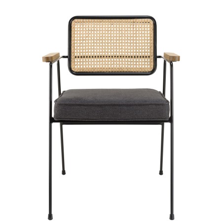 Fauteuil AGATHE - Métal noir, assise tissu gris foncé, dossier rotin