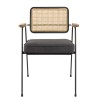 Fauteuil AGATHE - Métal noir, assise tissu gris foncé, dossier rotin