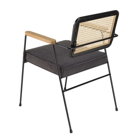AGATHE Black Metal Armchair with Dark Grey Fabric Seat and Rattan Backrest