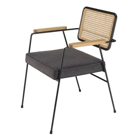 Fauteuil AGATHE - Métal noir, assise tissu gris foncé, dossier rotin