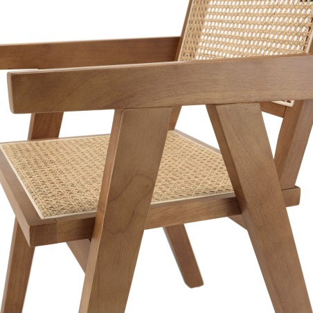 AGATHE Dark Rubberwood Armchair with Natural Rattan Backrest - Rustic Charm