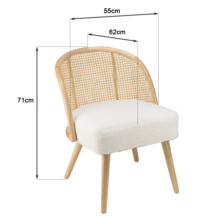 Chaise basse AGATHE en hévéa - Assise tissu bouclette blanc