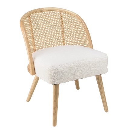 Chaise basse AGATHE en hévéa - Assise tissu bouclette blanc