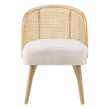 Chaise basse AGATHE en hévéa - Assise tissu bouclette blanc