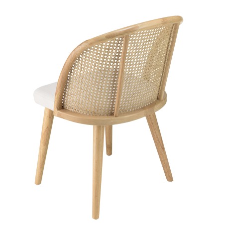 Chaise AGATHE bois d'Hévéa tissu blanc rotin