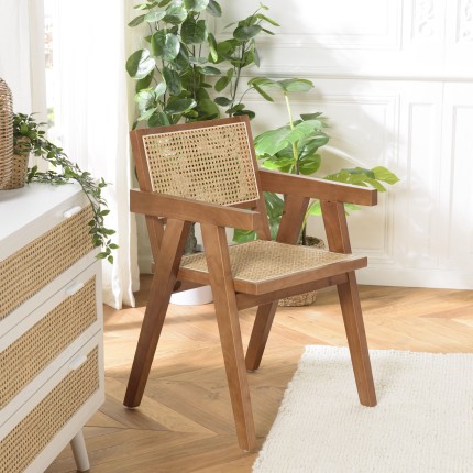 Fauteuil en bois d'hévéa AGATHE - Rotin naturel - Élégance et confort