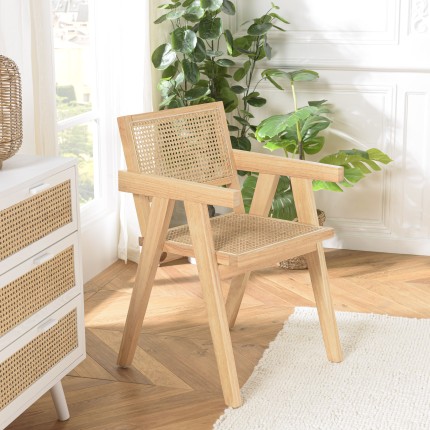 AGATHE Light Rubberwood Armchair with Rattan Backrest