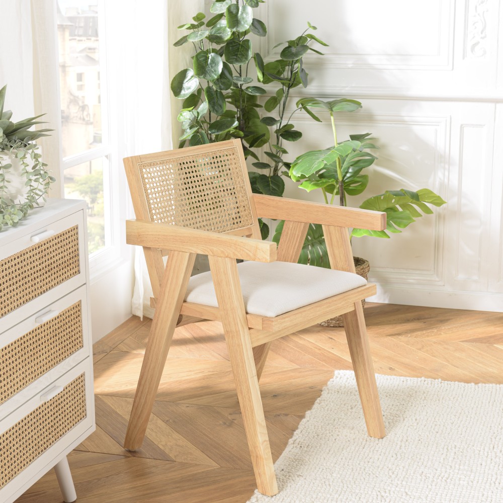 Fauteuil AGATHE bois d'hévéa assise tissu blanc Fauteuil AGATHE bois d'hévéa assise tissu blanc