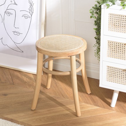 AGATHE Hevea Wood Stool with Natural Rattan Seat