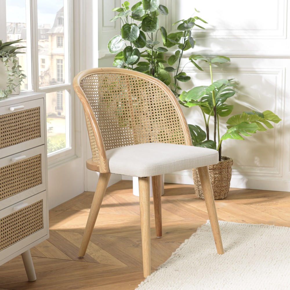 Chaise AGATHE bois d'Hévéa tissu blanc rotin Chaise AGATHE bois d'Hévéa tissu blanc rotin
