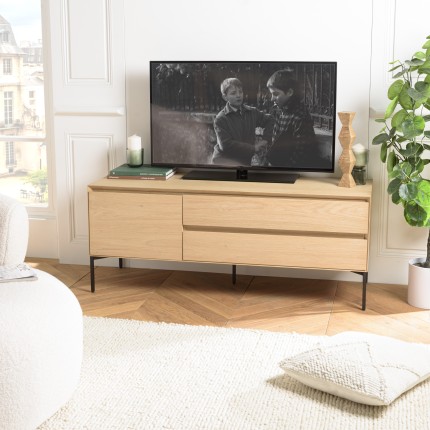 MAXENDRE - Natural TV Stand with 1 Door, 2 Drawers and Black Metal Legs