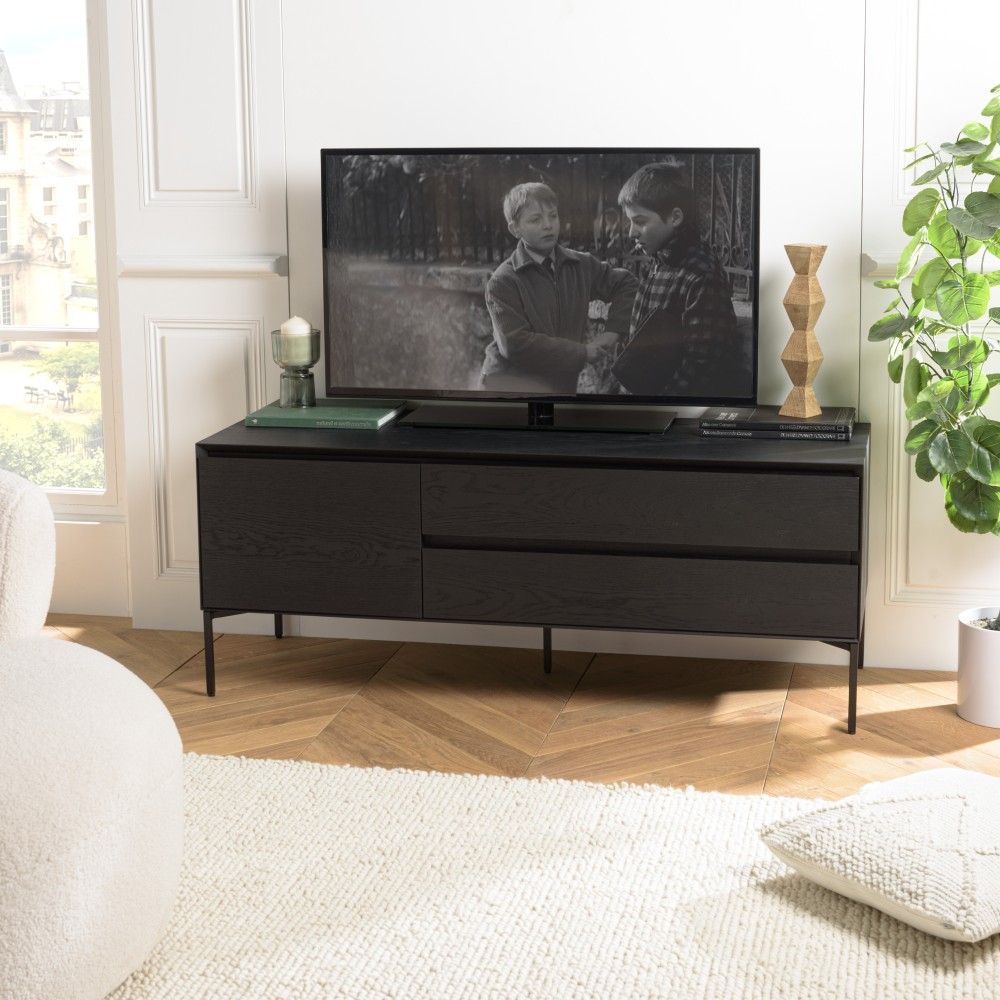 MAXENDRE Black TV Stand with 1 Door, 2 Drawers and Black Metal Legs MAXENDRE Black TV Stand with 1 Door, 2 Drawers and Black Metal Legs