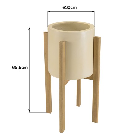 GREGOIRE Beige Concrete Flower Pot on Oak Legs H65cm - Modern Plant Stand