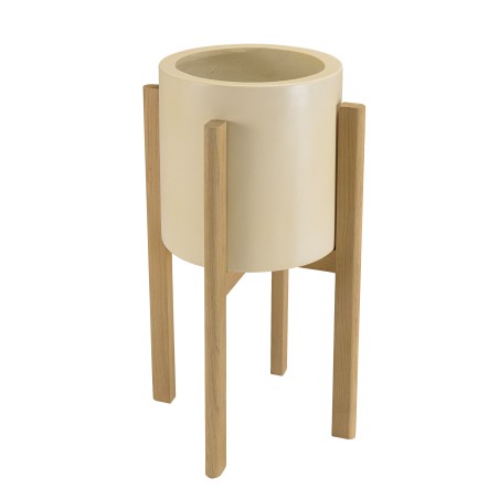 GREGOIRE Beige Concrete Flower Pot on Oak Legs H65cm - Modern Plant Stand