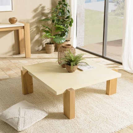 Table basse carrée GREGOIRE 114x114cm - Béton beige et bois de chêne